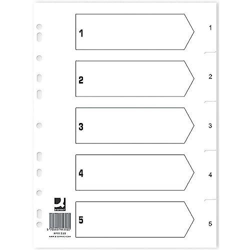 Q-Connect Index 1-5 Polypropylene White, 25 Pack, stacked in a sheet with numbered tabs for organization.