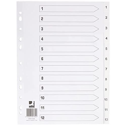 Q-Connect KF01354 1-12 Polypropylene Index A4 Multi Punched - White, white transparent index sheet with numbered tabs from 1 to 12 and perforated holes for binding.