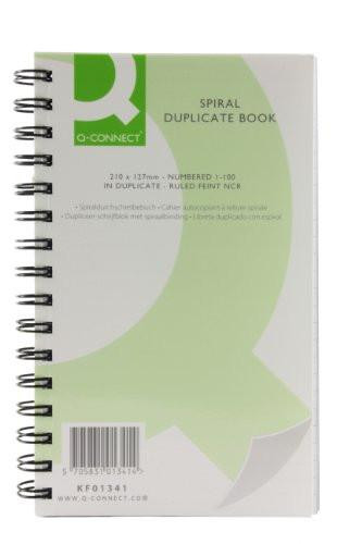Q-Connect Feint Ruled Wirebound Duplicate Book 210 x 127 mm, green and white spiral-bound notebook with spiral binding on the left side.