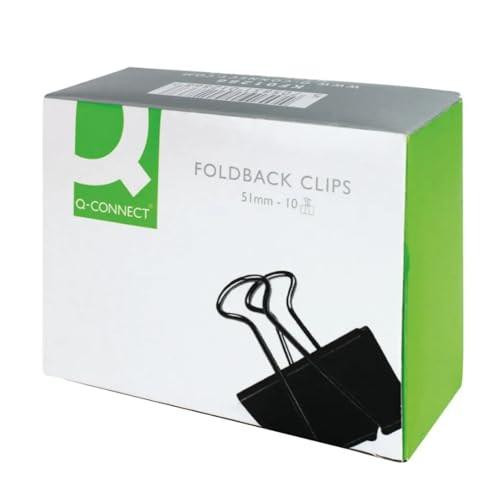 Q-Connect Foldback Clip, 51 mm, Black, Pack of 10, in a box with product description and image of clips.