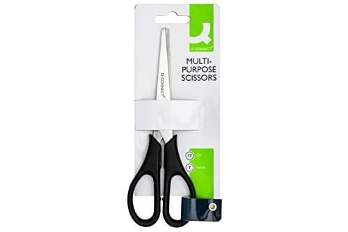 Q-Connect Ergonomic All-Purpose Scissors 170mm Stainless Steel Blades Black Handle, image of the scissors in packaging.