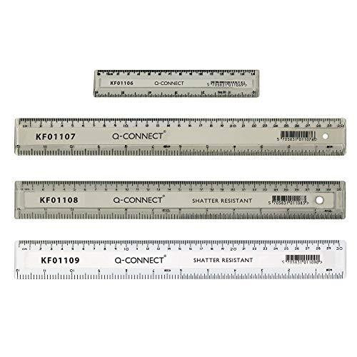 Q-Connect Clear 15cm Ruler, four transparent rulers with black measurement markings and brand labels, displaying different lengths and features.