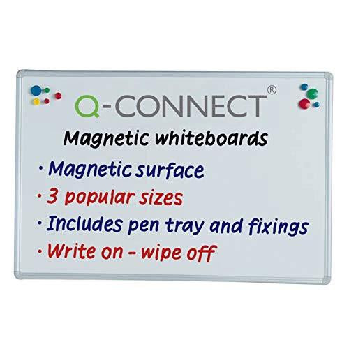 Q Connect Magnetic White Drywipe Notice Board 1800x1200mm, magnetic whiteboard with a promotional display showing features like magnetic surface, three sizes, pen tray, and writable surface.