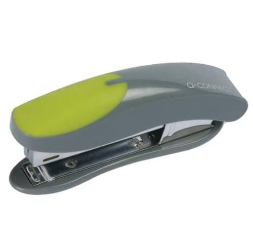 Q-Connect Mini Plastic Stapler Grey/Green, compact stapler capable of stapling 12 sheets of 80gsm paper.