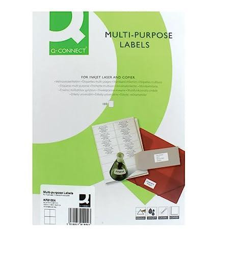 Q-Connect Multipurpose Copier Labels 105x148mm 4 Per Sheet White, image of label sheets with a printer and envelopes, compatible with inkjet and laser printers.