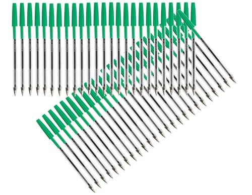Q-Connect 3 Medium Ballpoint Pen, Green, Pack of 50, assortment of pens with green caps and black and white striped bodies ready for writing.
