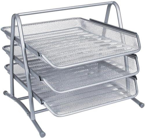 Q-Connect 3-Tier Letter Tray - Silver, metal mesh letter tray organizer with three tiers for sorting and storing letters and documents.