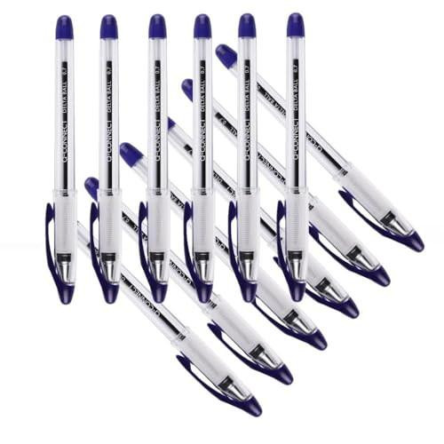 Q-Connect Delta Ballpoint Pen Medium Blue 12 Pack, a set of stylish blue ink ballpoint pens with black clip and click mechanism arranged in a visually appealing way for office or school use.