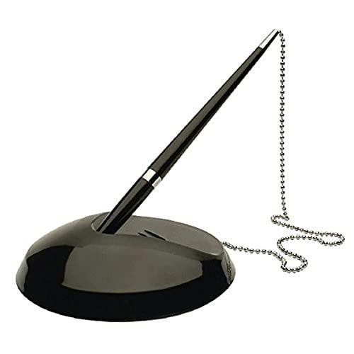 Q-Connect Reception Pen with Chain and Base, black pen attached to a black base with a chain for secure storage.