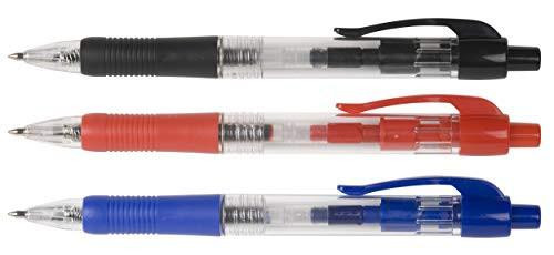 Q-Connect Retractable Ballpoint Pen Medium Blue Pack of 10, three colorful retractable pens in black, red, and blue ink with ergonomic grips.