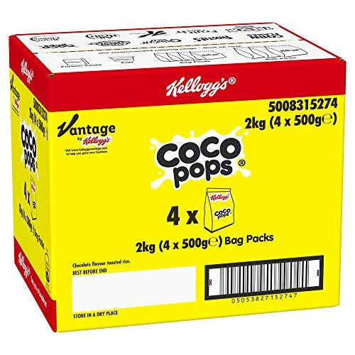 Kellogg's Coco Pops Bag 500g (Pack of 4), a bright yellow and red cereal box with the Coco Pops logo, product weight, and barcode on the front.