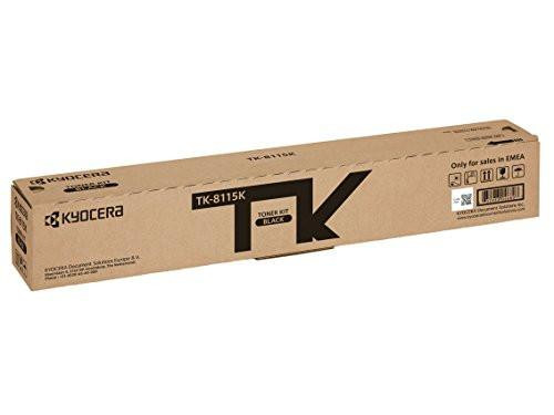 Kyocera TK-8115K Laser Toner Black Original Premium Printer Cartridge 1T02P30NL0 for Ecosys M8124, ECOSYS M8130, in a long rectangular brown box with product details and branding.