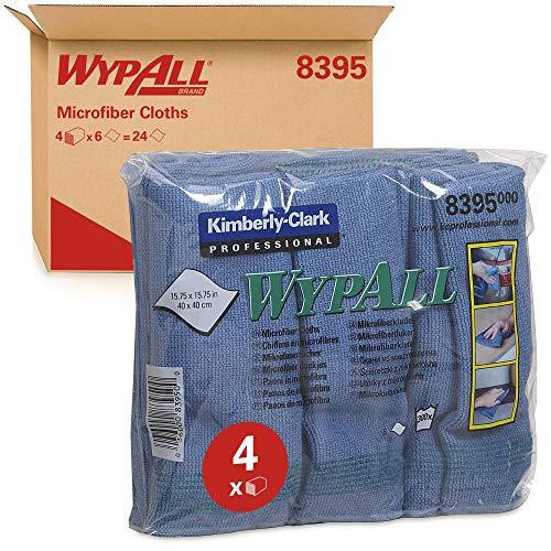 WypAll Microfibre Cloths 8395-1 Carry Pack x 6 Cloths, Blue, showing a pack of six blue microfiber cloths in transparent packaging with branding and product details.