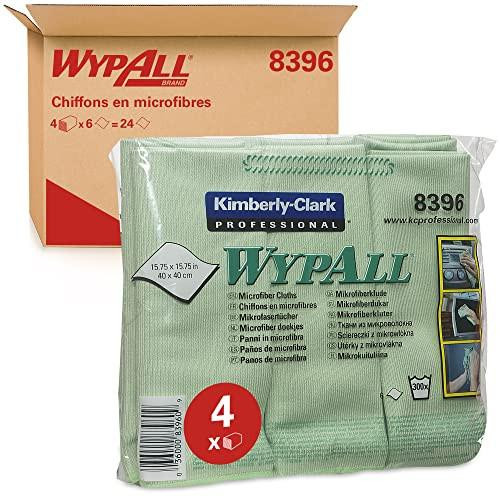 Wypall WypAll, 8396, Microfibre Cloths, Green, 4 Carry Packs x 6 Cloths, 40 x 40 cm, in a box and packaging showing product details and brand logo.