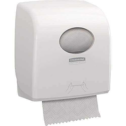 AQUARIUS SLIMROLL TOWEL DISPENSER WHITE, white wall-mounted towel dispenser with a transparent window and a sheet of paper towel emerging from the bottom.