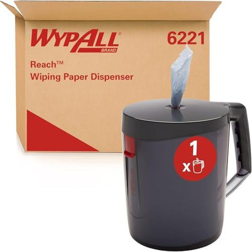 WypAll Reach Portable Centrefeed Dispenser 6221 - White or Blue Roll Dispenser, black wiper paper dispenser with a tissue emerging from the top, placed in front of a cardboard box.