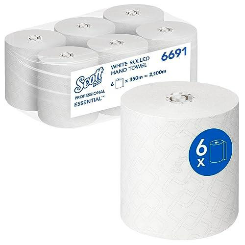 Scott Essential Rolled Hand Towels 6691, white paper towel rolls packed in 6 rolls of 350 meters each, totaling 2,100 meters, designed for professional use.