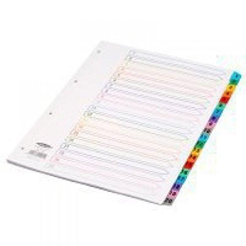 Concord Index Multicolour-tabbed Mylar-Reinforced 4 Holes 1-20 A4 White, image of a white A4 file folder with multicolour tabs for organizing and indexing documents.