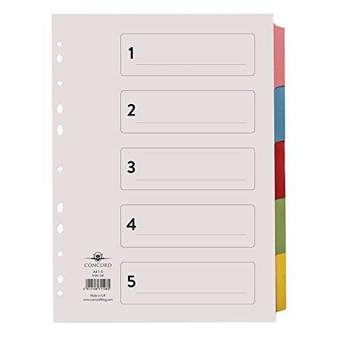 Concord Subject Dividers 230 Micron 5-Part Printed A4 Assorted Ref 71198/PJ11, white A4 dividers with numbered tabs from 1 to 5 and colorful side tabs for organization.