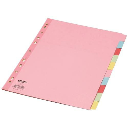 Concord Subject Dividers 230 Micron Reinforced 10-Part A4 Assorted Ref 77199/71, pink file dividers with multicolored tab sections on the right side.