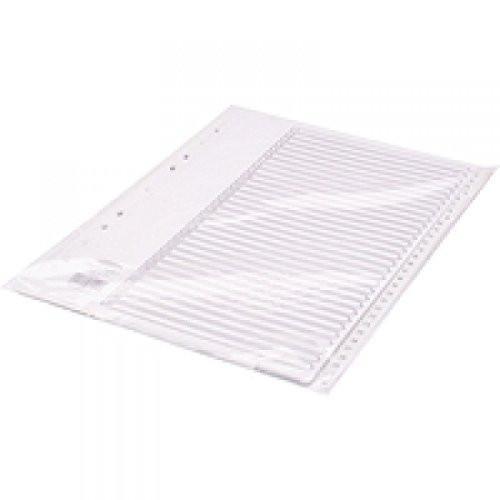 Concord White Index Polypropylene 120 Micron Europunched 1-31 A4, clear polypropylene sheet with punched holes and index tabs for file organization.