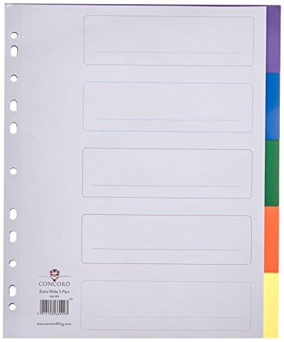 Concord Punched Pocket Dividers Plastic Multicolour-tabbed 5-Part Extra Wide A4 White, blank label areas for organization, multi-color tabs on the right side.