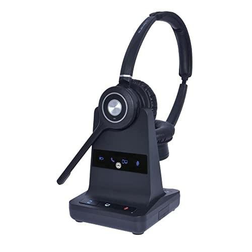 JPL Explore-B Binaural DECT Wireless Headset with Modular Draw 575-385-008, black wireless headset with flexible microphone and digital display on charging base.
