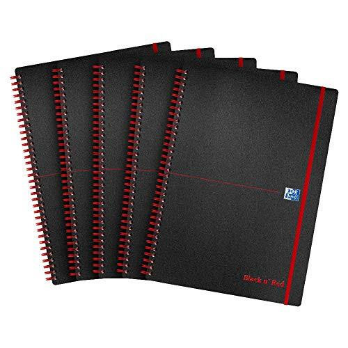 Black n Red Notebook Wirebound Polypropylene 90gsm Ruled 140 Pages A4 Ref E67008 [Pack of 5], image of five black wirebound notebooks with red accents and ruled pages.