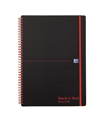 Black n Red Book Wirebound Recycled Polypropylene 90gsm 140 Pages A4 Ref E67024 [Pack of 5], image of a black wirebound notebook with a red elastic closure and red spiral binding.