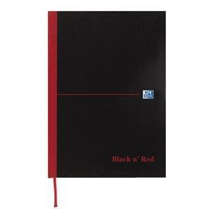 Black n' Red New Book Casebound 90gsm Ruled 192 Pages A6 Ref C66655 [Pack 5], image showing a black hardcover book with a red spine and red edging, featuring a red ribbon bookmark.