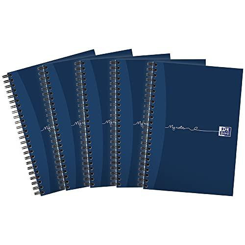 My Notes A5 Card Cover Wirebound Notebook Ruled and Perforated 100 Page, 5 Notebooks, blue cover with spiral binding and ruled pages.
