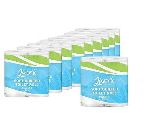 2Work Luxury 2-Ply Quilted Toilet Roll, pack of 40 with 200 sheets, arranged in a group, featuring blue and green packaging design.