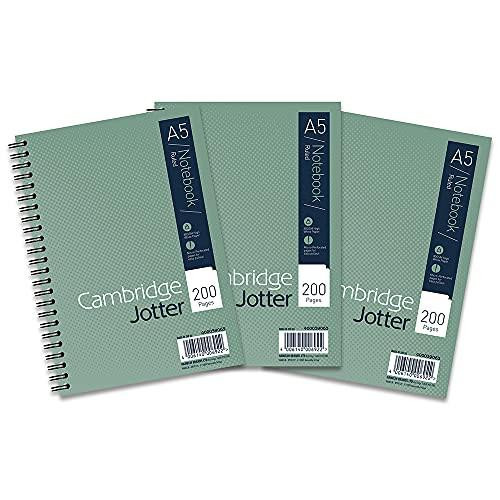 Cambridge Jotter, A5 Notebook, Wirebound, Lined, 200 Page, Pack of 3, green, image of three green lined notebooks with spiral binding and product labels.