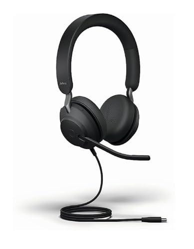 Jabra Evolve2 40 SE Wired Noise-Cancelling Stereo Headset With 3 Microphone Call Technology and USB-C Cable - MS Teams Certified, Works with All Platforms - Black, over-ear headset with microphone and wired connection.