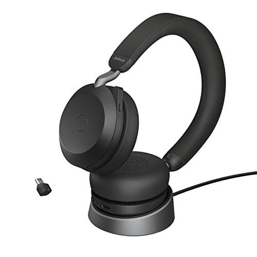 Jabra Evolve2 75 Wireless PC Headset with Charging Dock and 8-Mic Technology, Stereo headphones with advanced active noise cancellation, USB-C adapter, UC compatibility, black color.