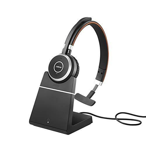 Jabra Evolve 65 SE Wireless Stereo Bluetooth Headset with Noise-Cancelling Mic, Long-Lasting Battery and Charging Stand - UC Certified for Zoom, Unify and other leading platforms - Black, wireless headset placed on charging stand with a connected cable.