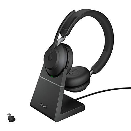 Jabra Evolve2 65 Wireless PC Headset with Charging Stand, black, noise cancelling stereo headphones with long-lasting battery, USB-C Bluetooth adapter shown on a stand.