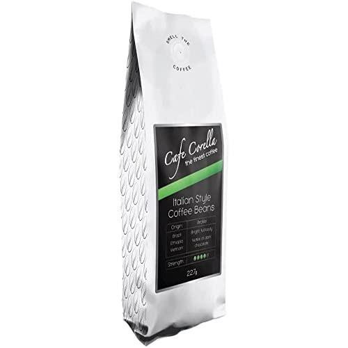 Cafe Corella Coffee Beans, 227g, package with sleek white design and digital display label indicating Italian Style flavor and 100% Arabica beans.