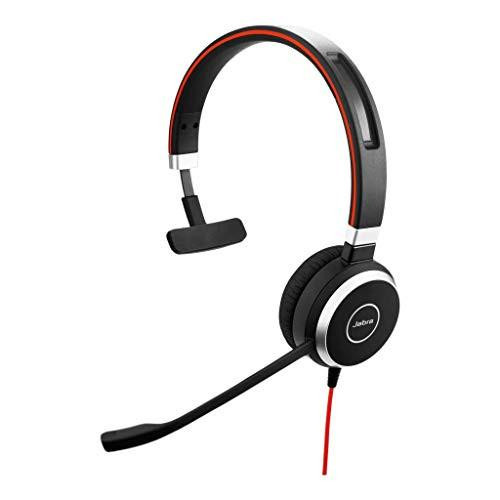 Jabra Evolve 40 UC Mono Headset, black with passive noise cancellation and USB cable with controller for unified communications on VoIP softphones.