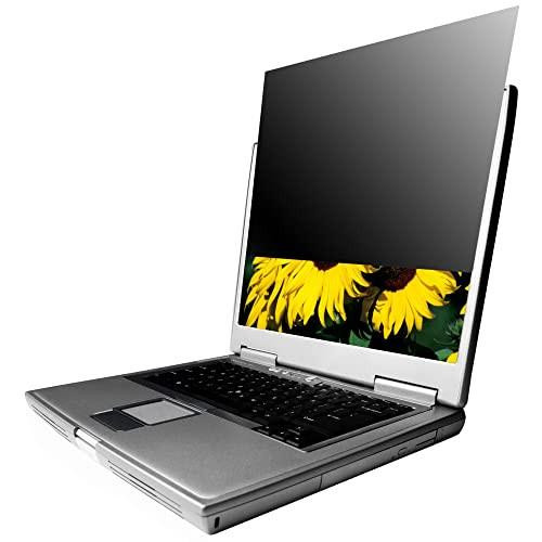 Unbranded SVL14 Blackout 14-Inch LCD Privacy Screen Filter, laptop with the privacy filter attached to the screen, displaying a sunflower image on the display.