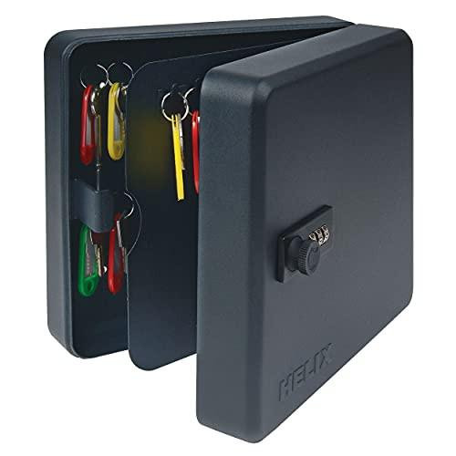 Helix Combination Lock Key Safe Cabinet (50 Key Capacity), Black, with 50 colored keys organized inside.