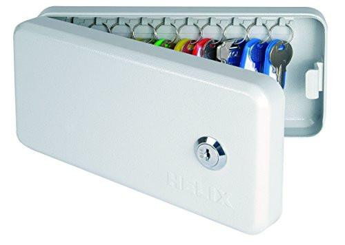 Helix Key Safe Cabinet (20 Key Capacity) White, with its door partially open revealing colorful keys hanging inside.
