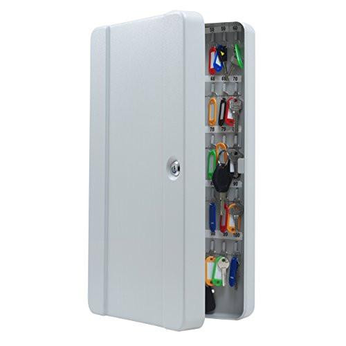 Helix 521110 Key Safe Cabinet (100 Key Capacity) White, front view showing the open white metal cabinet with hooks for keys and numbered labels.