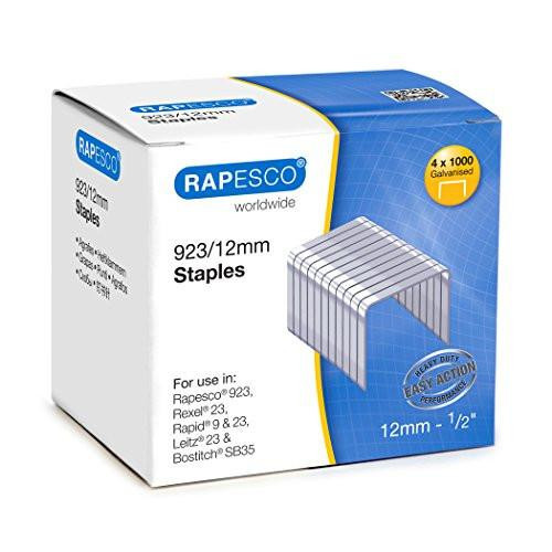 Rapesco S92312Z3 923/12 mm Galvanised Staples, Type 23, Box of 4000, in a white and blue box with a stack of staples illustrated on it.