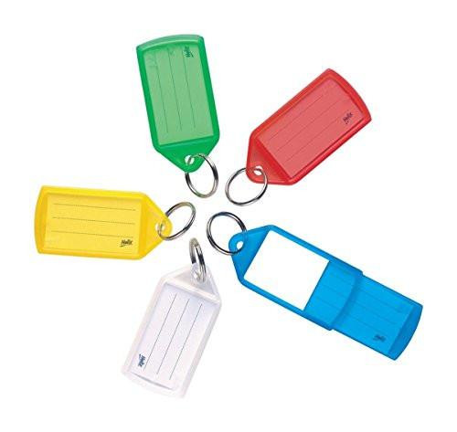 Helix Medium Key Fobs, pack of 50 in assorted colours including green, red, yellow, white, and blue, displayed with key rings.