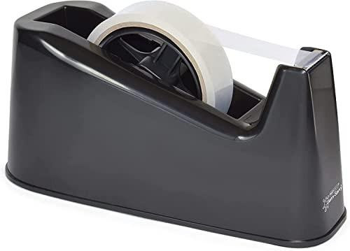 Rapesco RPTD500B Germ-Savvy Antibacterial Heavy Duty Tape Dispenser, Black, with white tape roll inside.