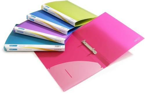 Rapesco 0799 2-Ring Binder, 25 mm Spine, A4, Assorted Colours, Pack of 10, with pink, green, purple, blue, and yellow binders and a silver metal ring mechanism.