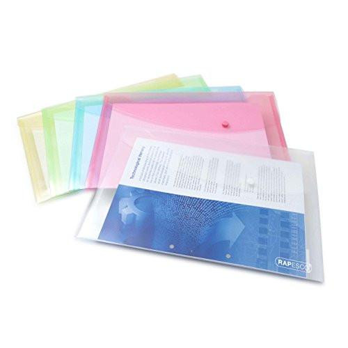 Rapesco 0696 Popper Wallets, A4+ / Foolscap, Assorted Pastel Transparent Colours, Pack of 5, colorful plastic document wallets arranged in a fan shape with blue, pink, yellow, green, and purple colors.