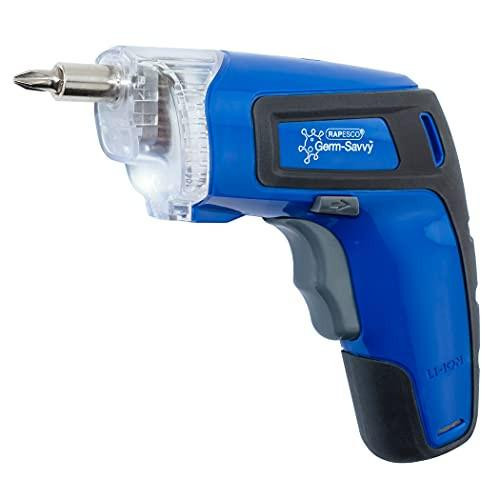 Rapesco 1640 Germ-Savvy Antibacterial Cordless Screwdriver 3.6V, Blue, with ergonomic handle and antibacterial features.