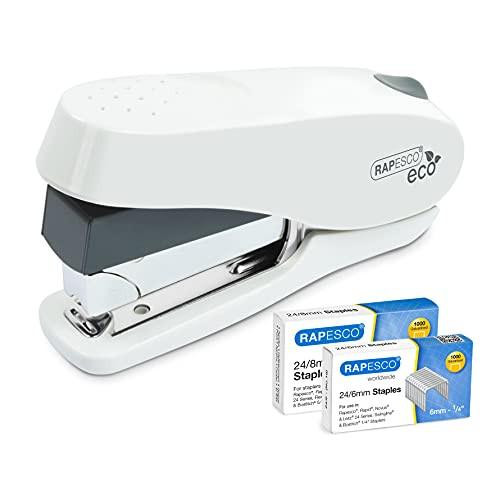 Rapesco 1467 Germ-Savvy Antibacterial, ECO Luna Less Effort Stapler with 2000 Staples, 50 Sheet Capacity, Soft White, product image showing the white and gray stapler with staple boxes in front.